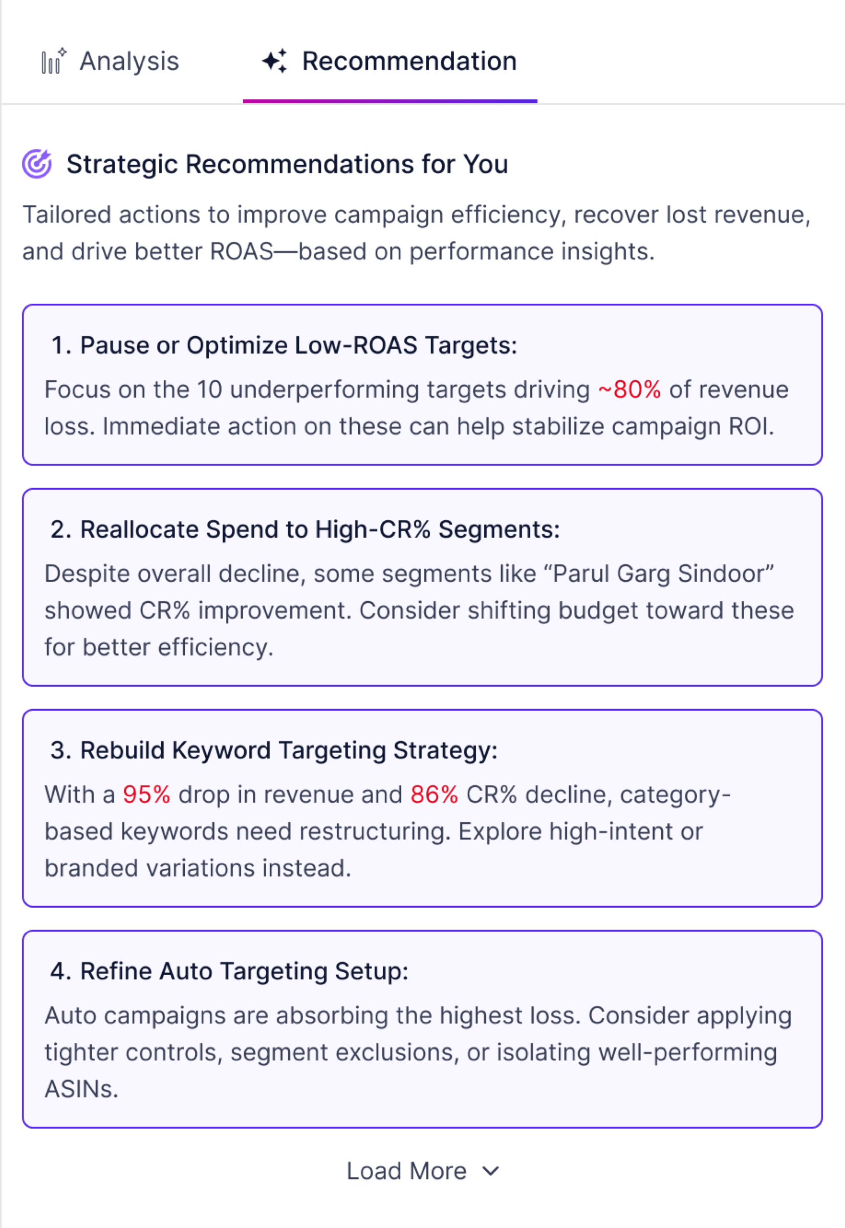 Recommendations after — numbered cards, clearly actionable