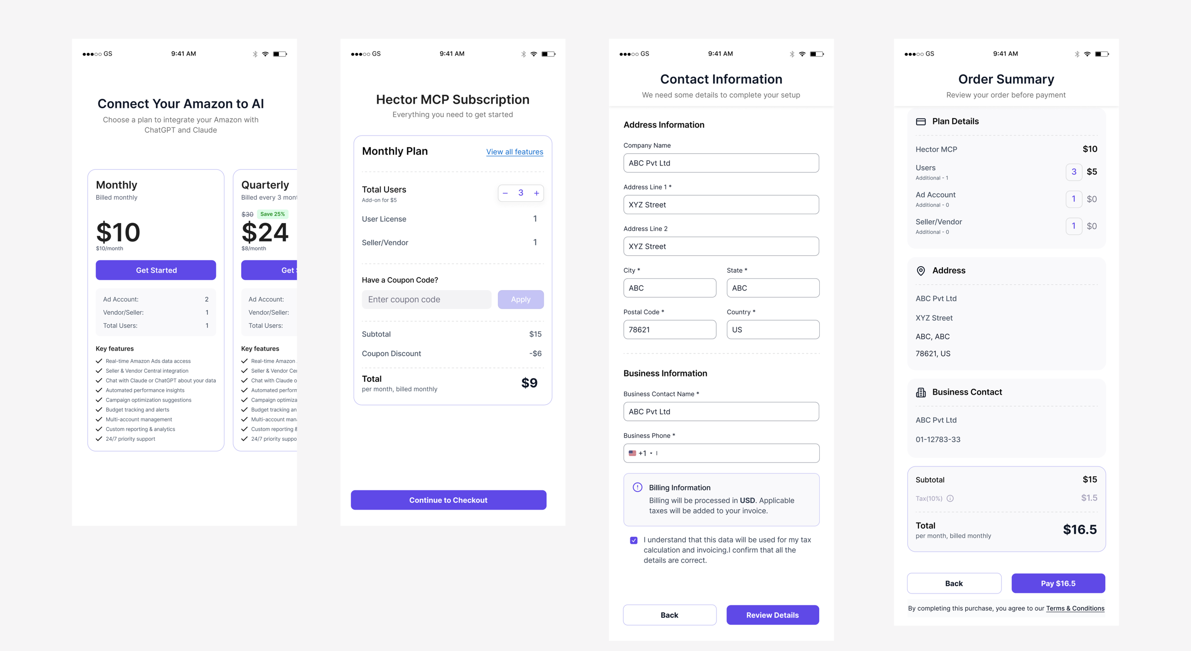 After — plan details, user counts, coupon code, and live pricing in one view
