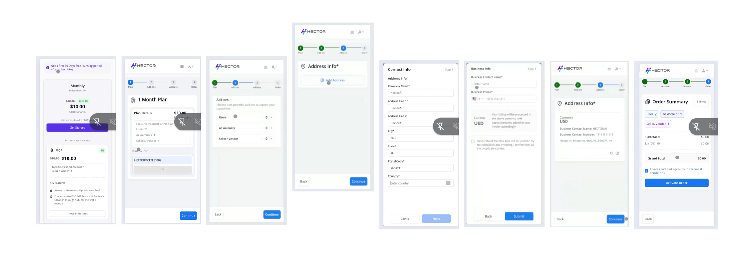 Before — plan details, add-ons, and address split across separate screens