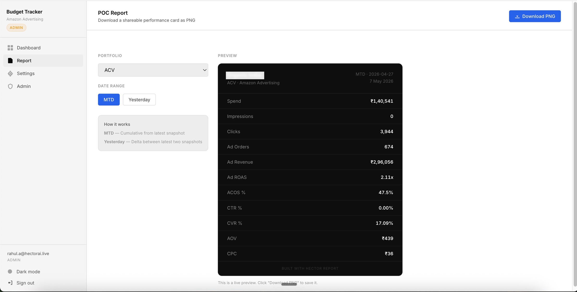 Integrated report section — select portfolio and date range, generate POC report directly from budget tracker data