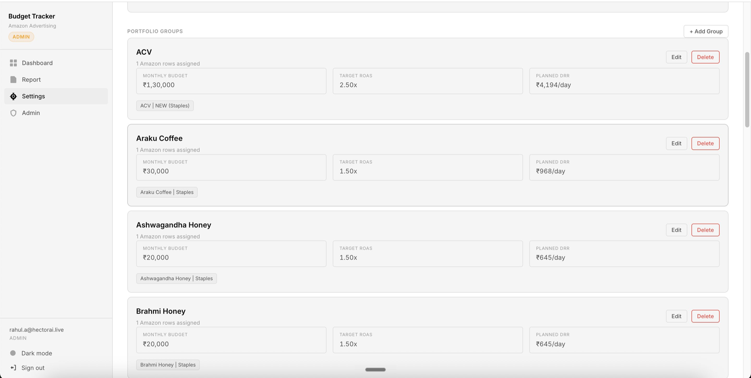 Settings — portfolio groups configured once at the start of each month