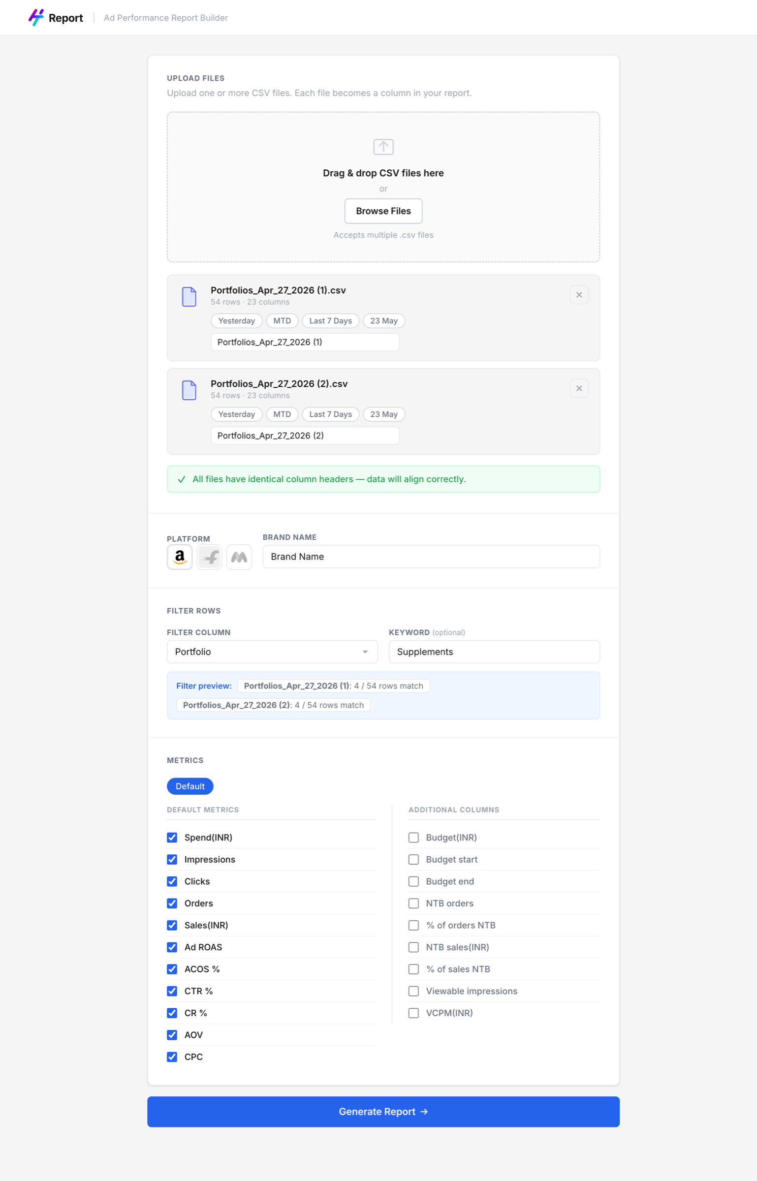 Input screen — CSV upload, date range detection, brand setup, metric selection